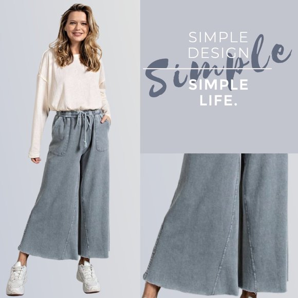 📌 EASEL "The Originals" Mineral Wash Wide Leg Drawstring Pants Pockets Raw Hems - Picture 5 of 15